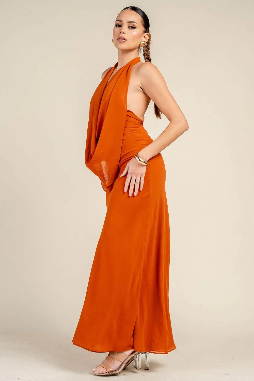 PD79499B / DRAPED HALTER NECK OPEN BACK MAXI DRESS sold by privy product image thumbnail 2