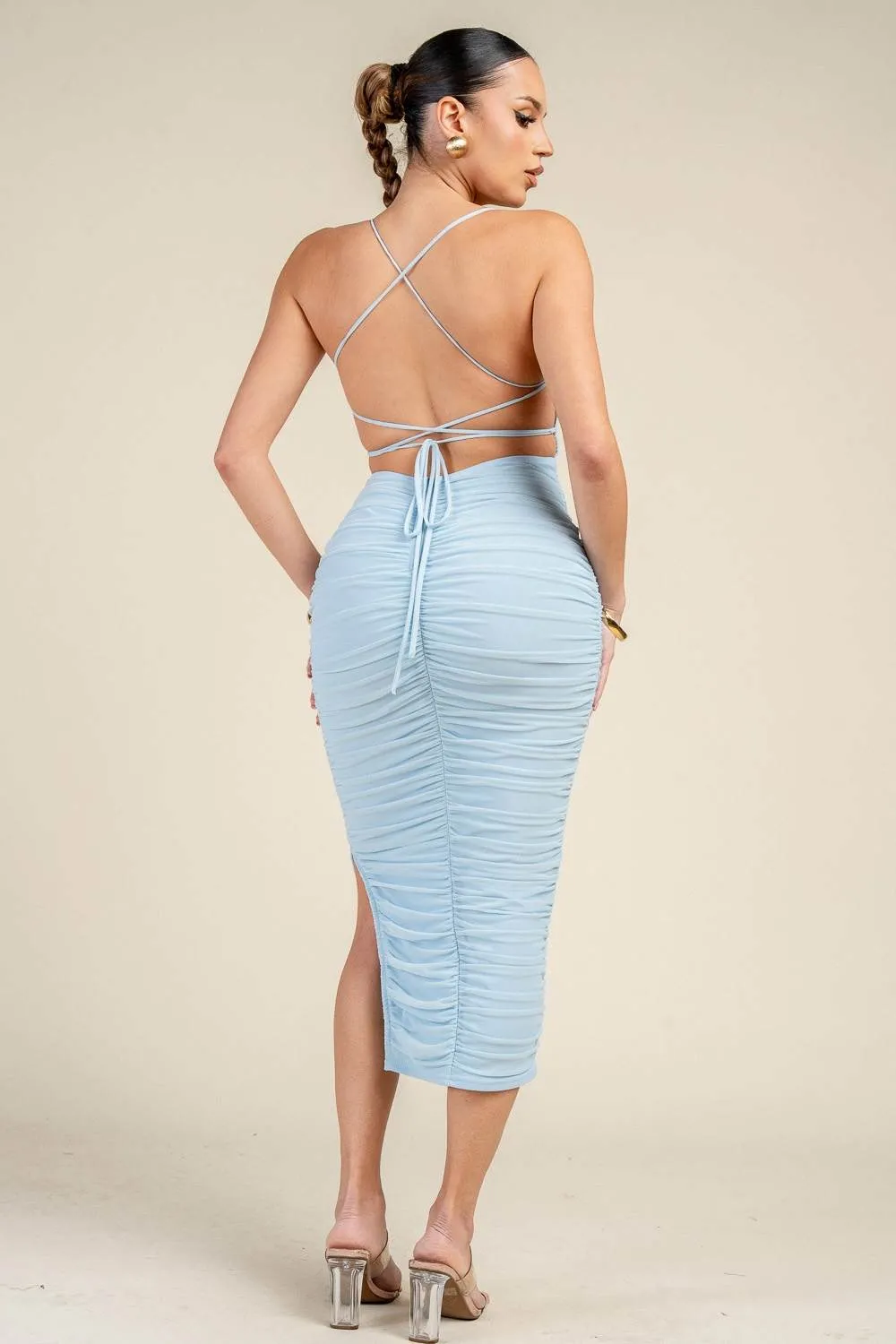 PD73176V / RUCHED STRAPPY BACK MIDI DRESS sold by privy product image thumbnail 3