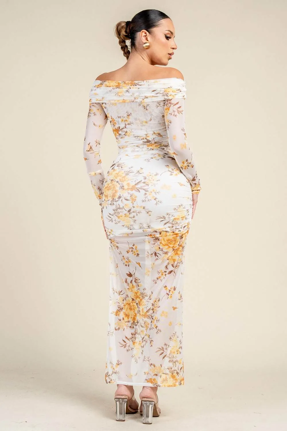 HS5069B / OFF-SHOULDER PRINTED MESH TOP AND RUCHED MAXI SKIRT SET sold by privy product image thumbnail 3