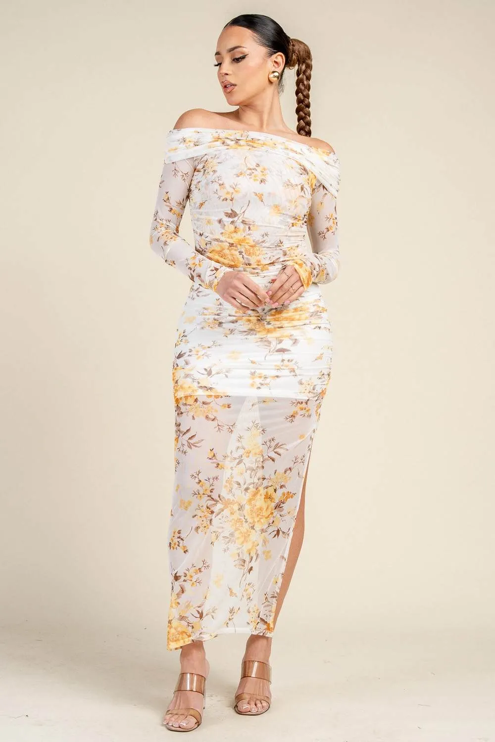 HS5069B / OFF-SHOULDER PRINTED MESH TOP AND RUCHED MAXI SKIRT SET sold by privy product image thumbnail 4