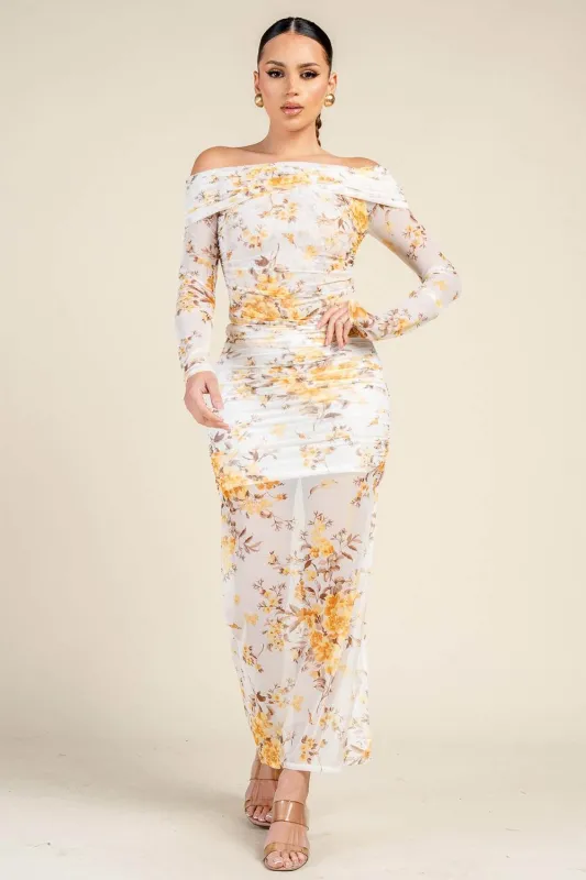 HS5069B / OFF-SHOULDER PRINTED MESH TOP AND RUCHED MAXI SKIRT SET made by privy