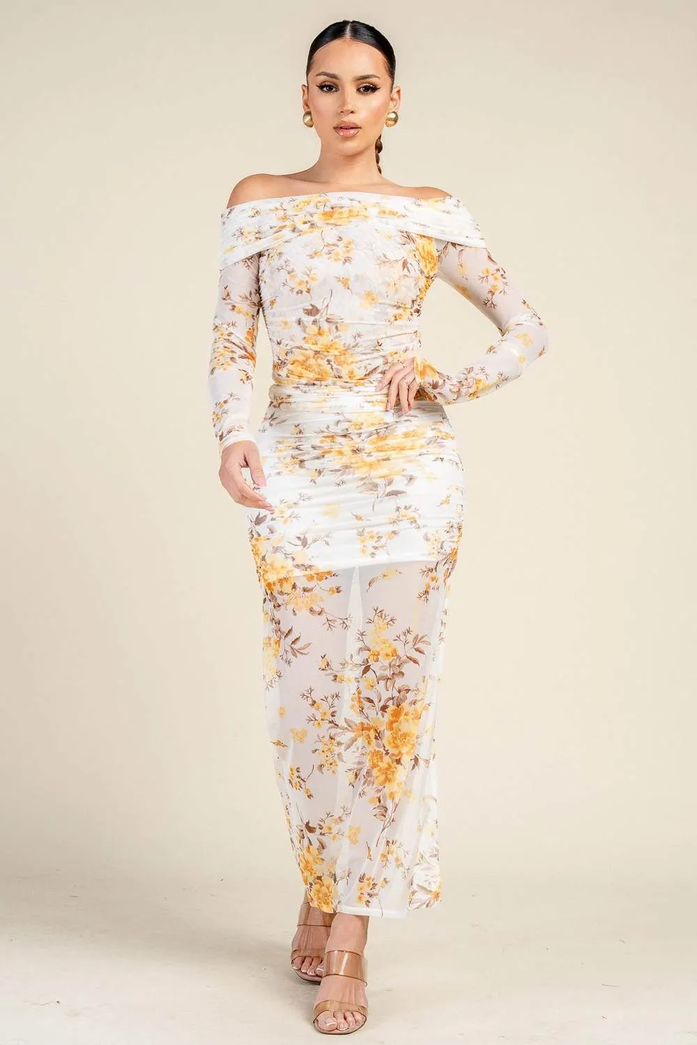 HS5069B / OFF-SHOULDER PRINTED MESH TOP AND RUCHED MAXI SKIRT SET sold by privy