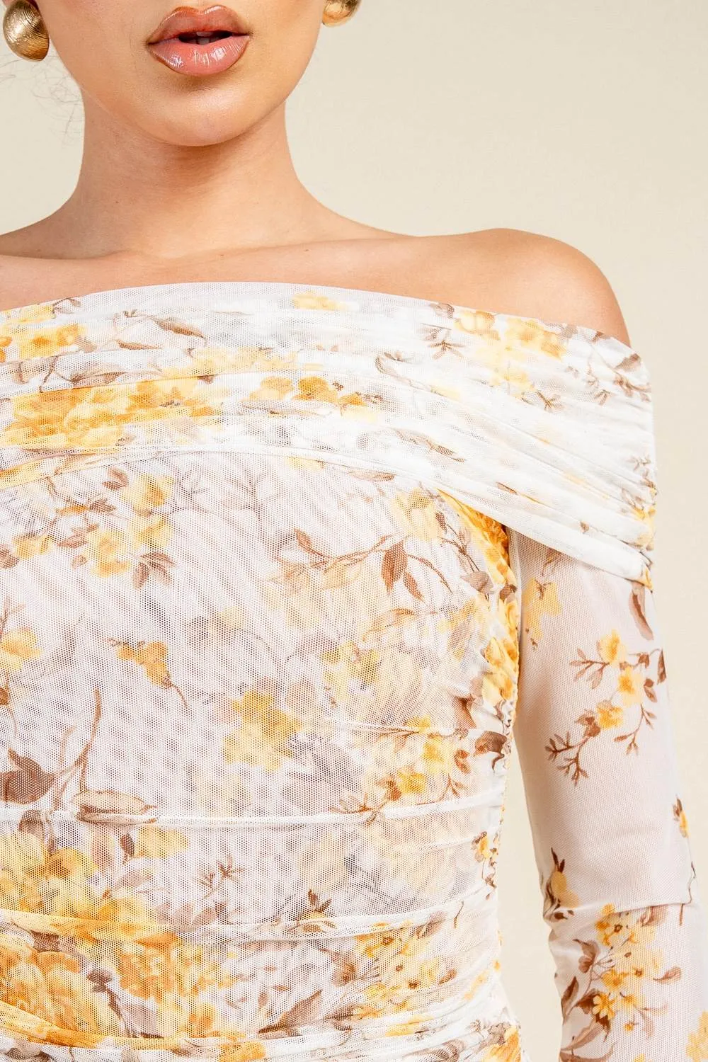 HS5069B / OFF-SHOULDER PRINTED MESH TOP AND RUCHED MAXI SKIRT SET sold by privy product image thumbnail 5