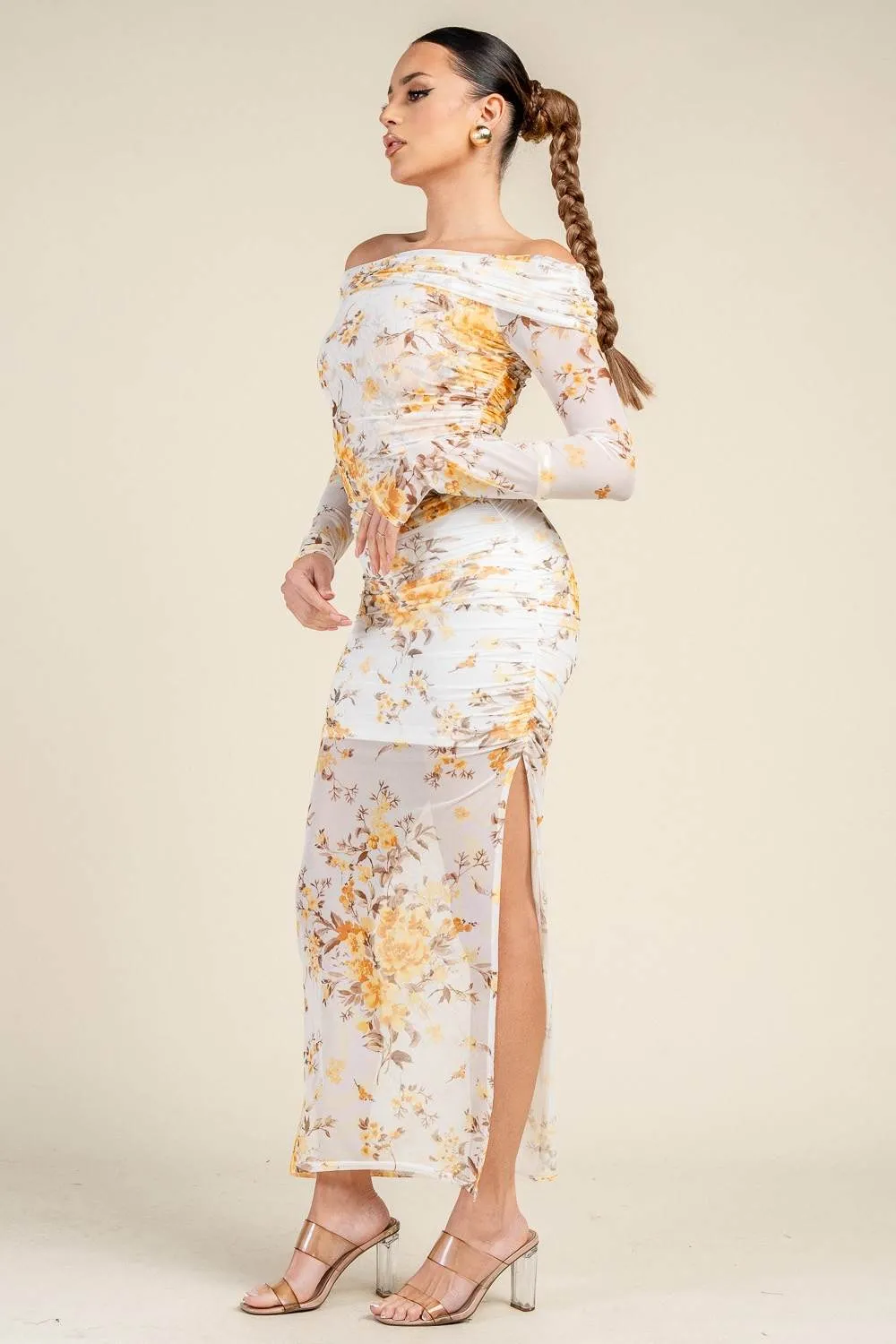 HS5069B / OFF-SHOULDER PRINTED MESH TOP AND RUCHED MAXI SKIRT SET sold by privy product image thumbnail 2