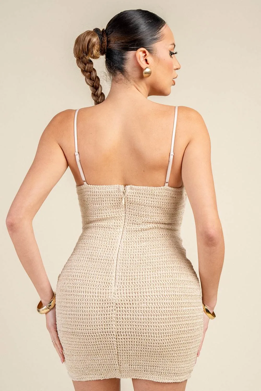 HD30768B / METALLIC CROCHET KNIT MINI DRESS W/ FLOWER GOLD TRIM DETAIL sold by privy product image thumbnail 3