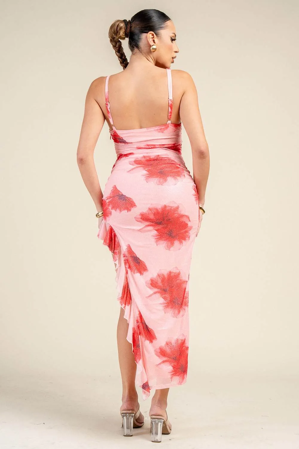 HD30426BD / MESH PRINT W/RUFFLE SIDE SLIT MAXI DRESS sold by privy product image thumbnail 3