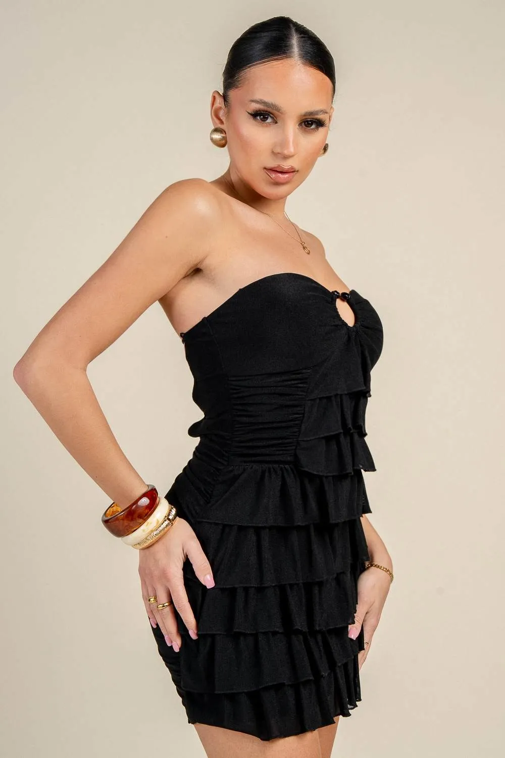 PD79643N / GOLD TRIM WITH TIRED RUFFLE STRAPLESS MINI DRESS sold by privy product image thumbnail 5