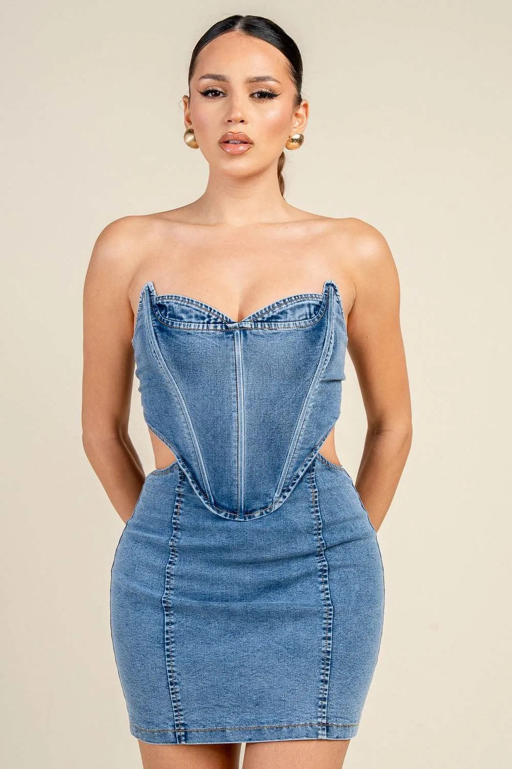 PD79547D / DENIM CORSET CUT-OUT MINI DRESS sold by privy product image thumbnail 4