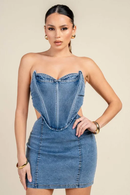 PD79547D / DENIM CORSET CUT-OUT MINI DRESS sold by privy
