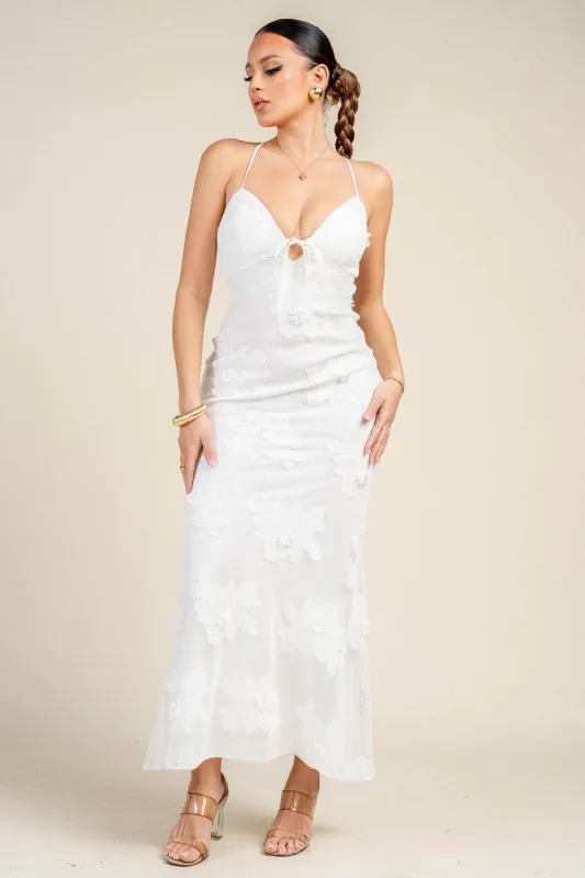 YD30223S / FLORAL EMBROIDERED MESH CUT-OUT LACE-UP BACK MAXI DRESS sold by privy