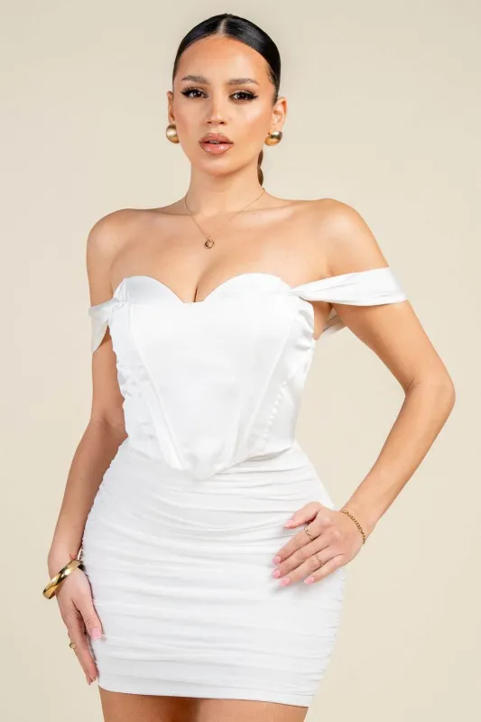 PD79529S / OFF-SHOULDER CORSET BODICE RUCHED MINI DRESS sold by privy