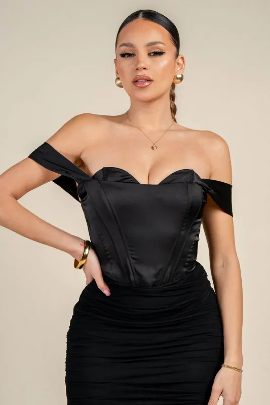 PD79529S / OFF-SHOULDER CORSET BODICE RUCHED MINI DRESS made by privy