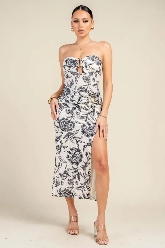 HD30988B / STRAPLESS PRINTED MESH RING DETAIL SLIT MIDI DRESS sold by privy