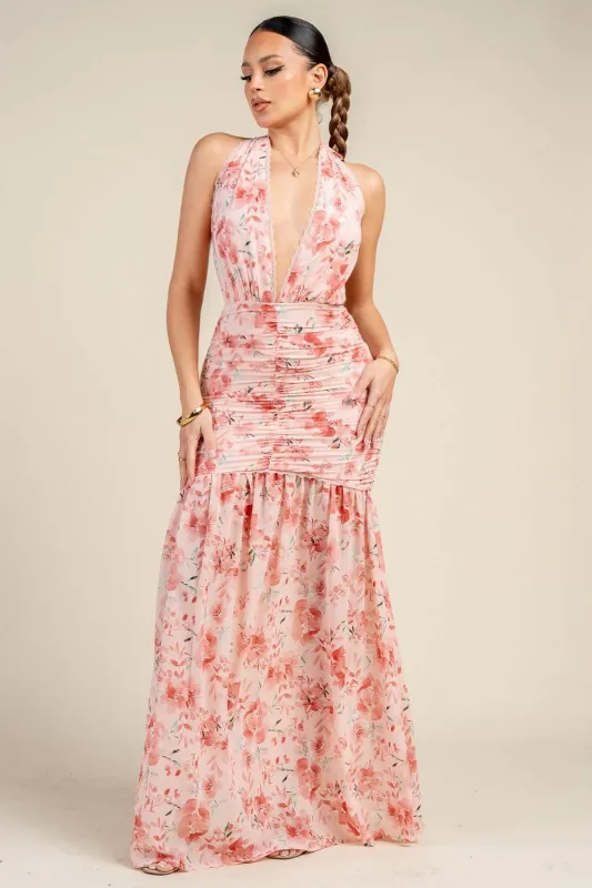 HD30751ND / FLORAL PRINTED MESH HALTER RUCHED MAXI DRESS sold by privy
