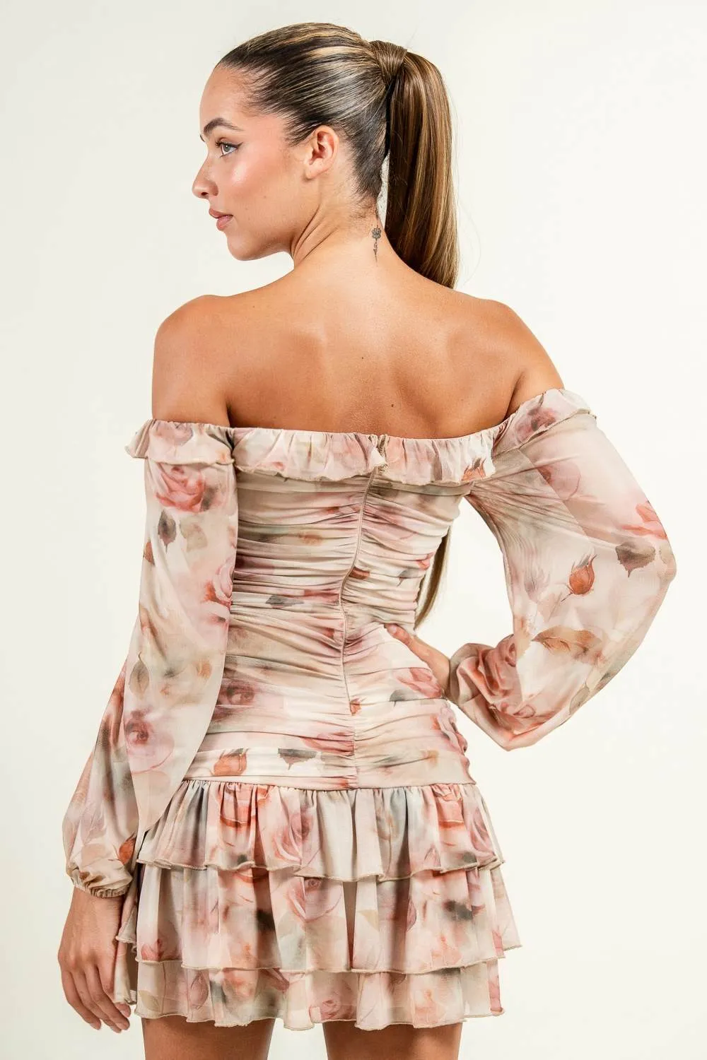 PD79184S / PRINTED MESH OFF-SHOULDER RUFFLE DETAIL MINI DRESS sold by privy product image thumbnail 3