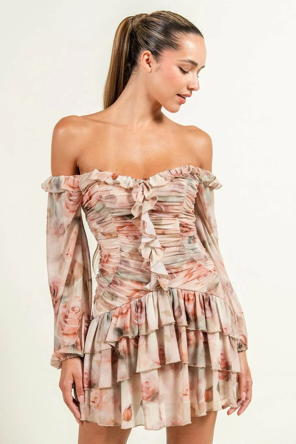 PD79184S / PRINTED MESH OFF-SHOULDER RUFFLE DETAIL MINI DRESS sold by privy product image thumbnail 4