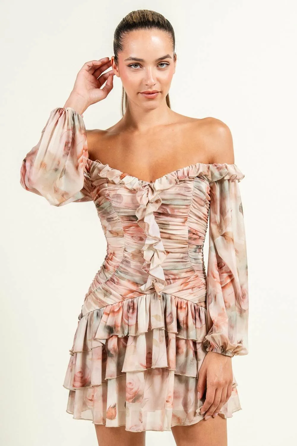 PD79184S / PRINTED MESH OFF-SHOULDER RUFFLE DETAIL MINI DRESS sold by privy