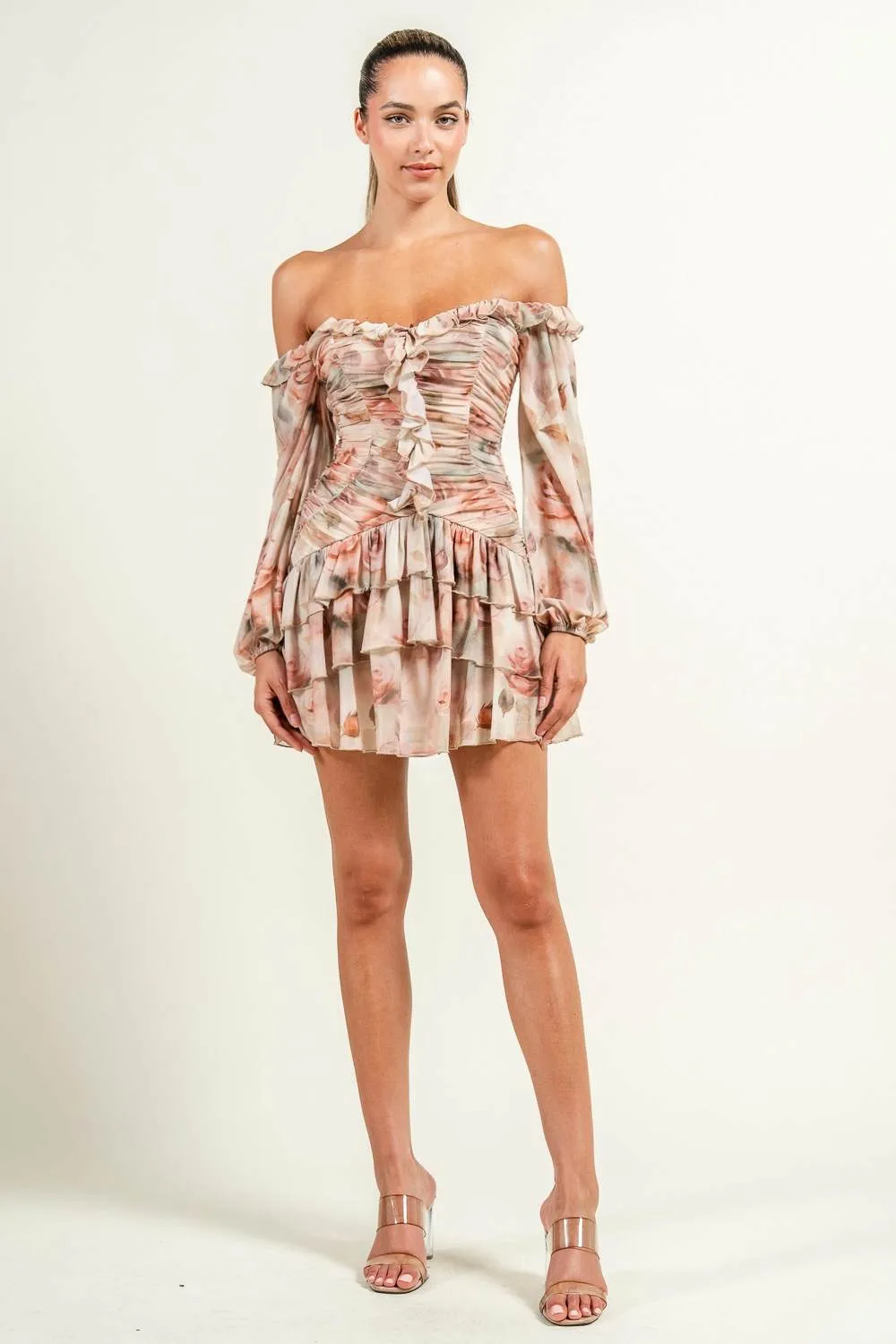 PD79184S / PRINTED MESH OFF-SHOULDER RUFFLE DETAIL MINI DRESS sold by privy product image thumbnail 5