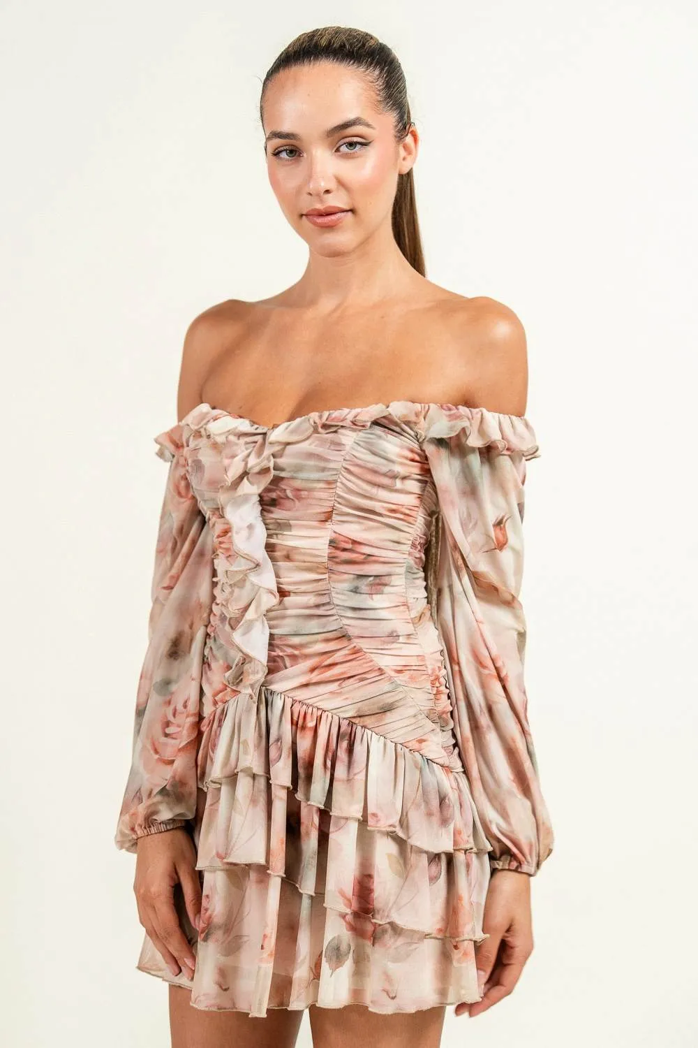 PD79184S / PRINTED MESH OFF-SHOULDER RUFFLE DETAIL MINI DRESS sold by privy product image thumbnail 2