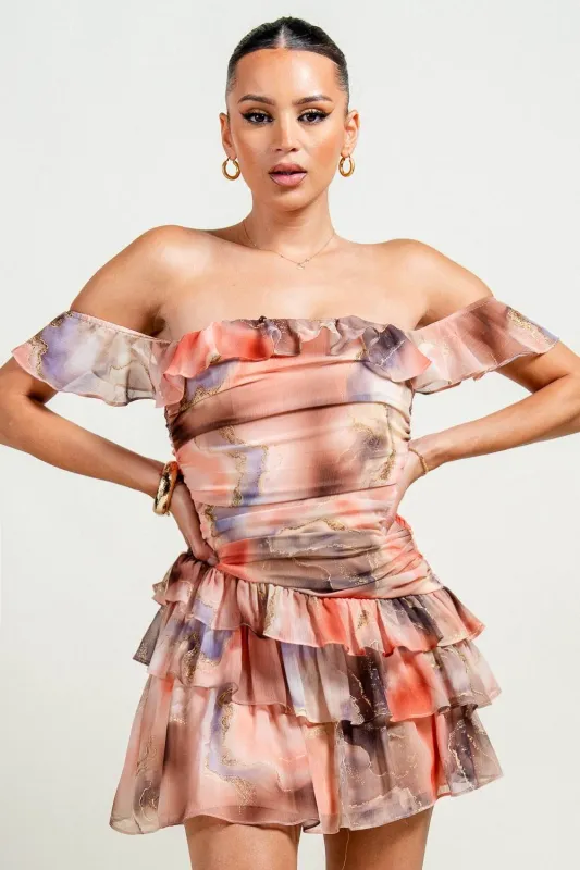 PD79194S / PRINTED MESH OFF-SHOULDER RUCHED MINI DRESS sold by privy