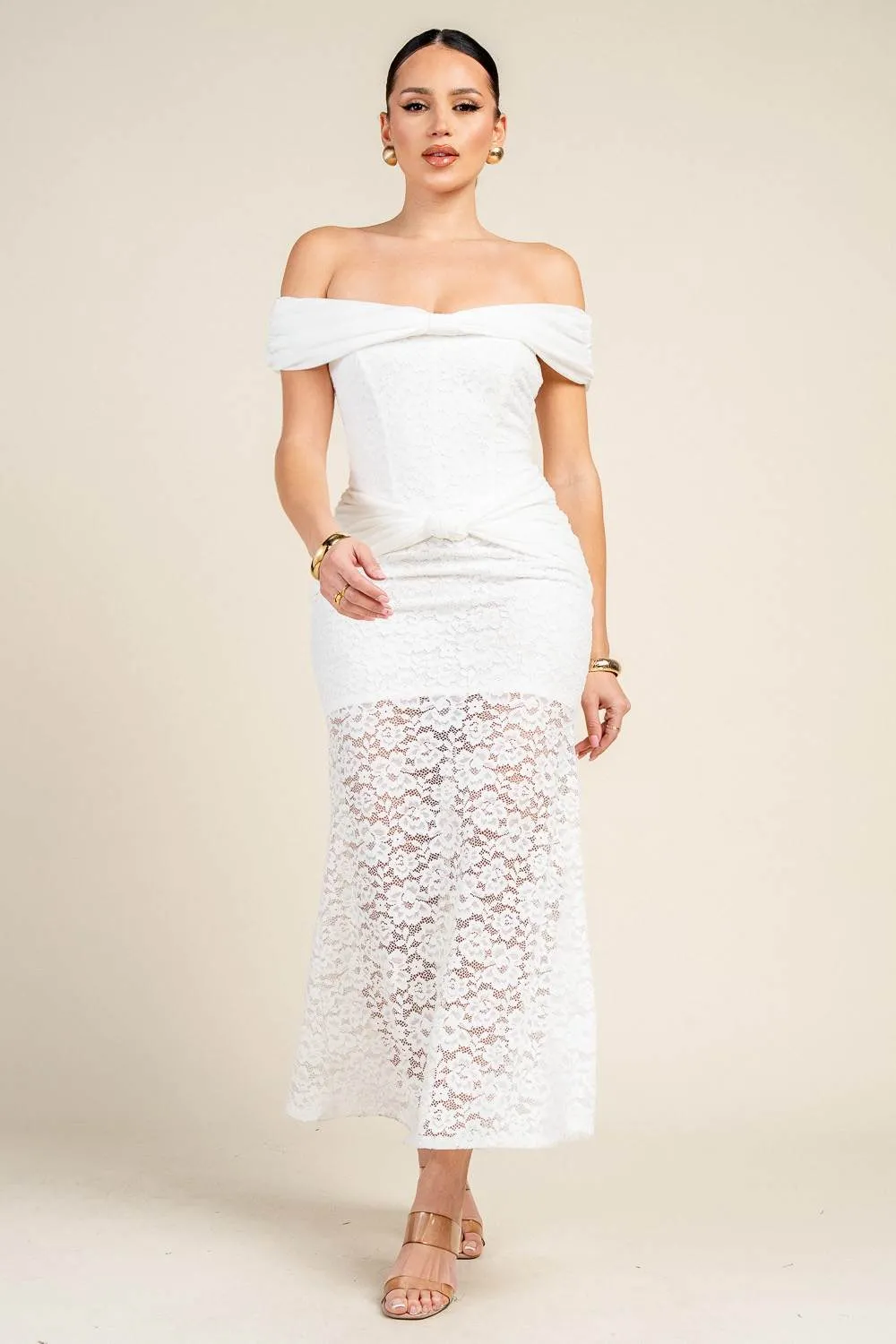PD79482S / OFF SHOULDER LACE PANEL MIDI DRESS sold by privy product image thumbnail 4