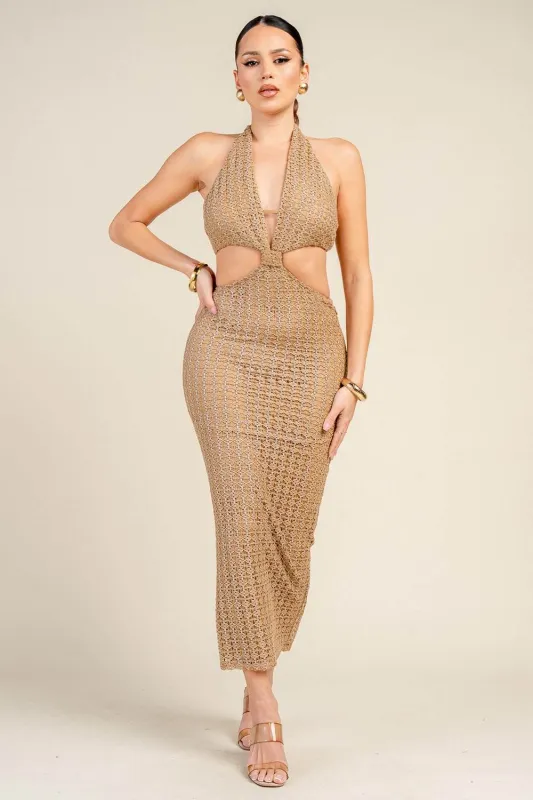 YD30104S / TEXTURED HALTER CUT-OUT MIDI DRESS sold by privy
