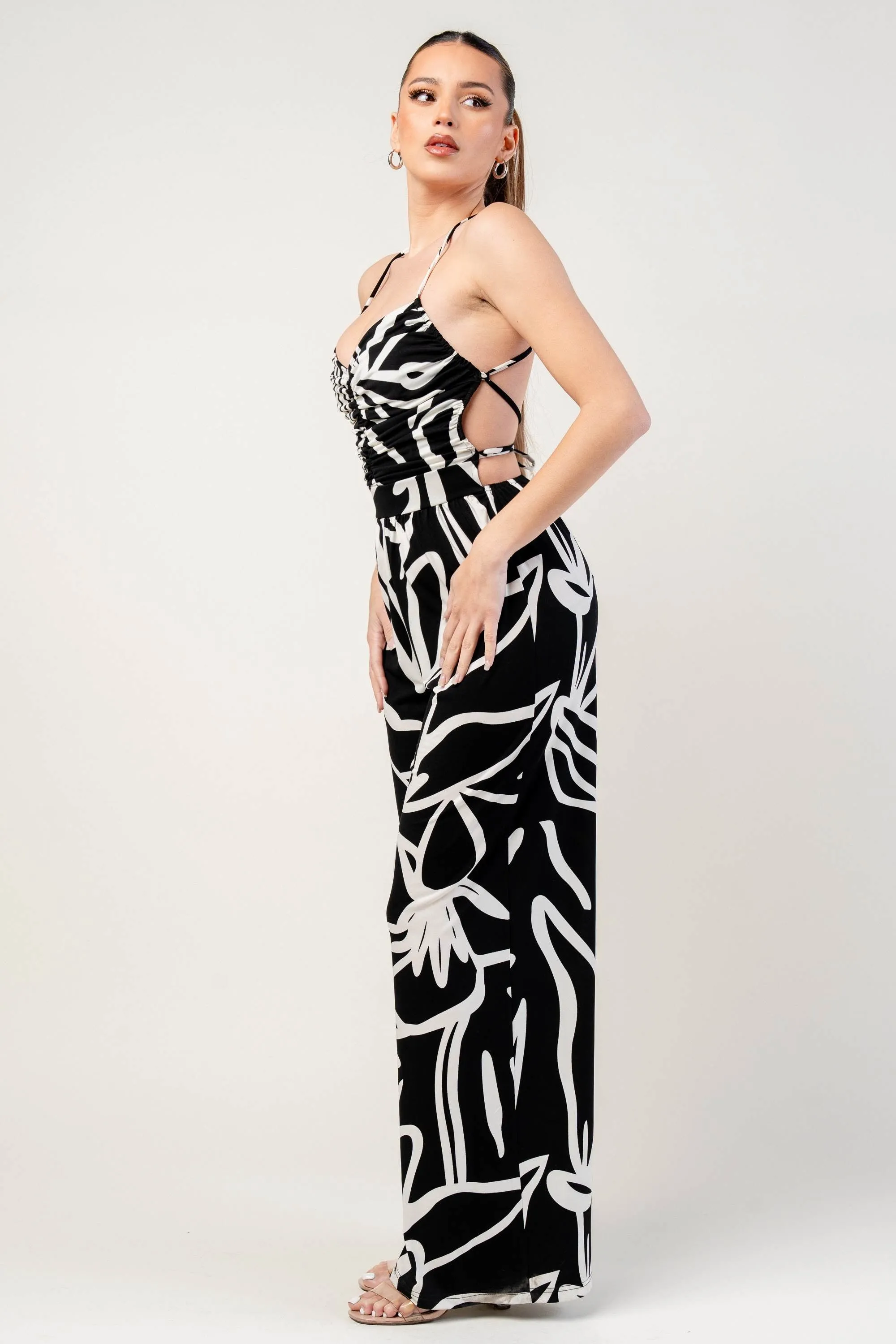 PJ11233B / ABSTRACT PRINT RUCHED BUST SPAGHETTI STRAP WIDE LEG JUMPSUIT sold by privy product image thumbnail 2