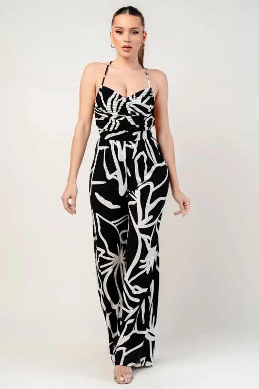 PJ11233B / ABSTRACT PRINT RUCHED BUST SPAGHETTI STRAP WIDE LEG JUMPSUIT made by privy