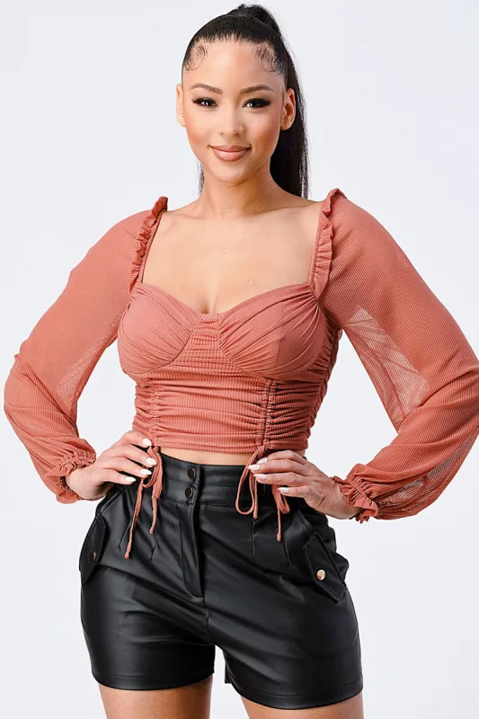 SEXY RUCHED CROPPED SHEER BLOUSE TOP sold by privy