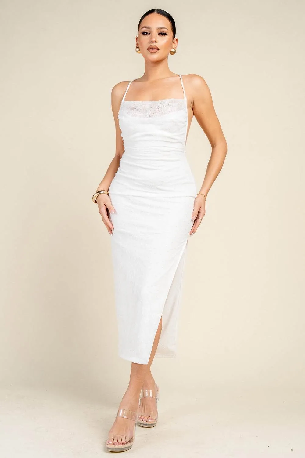 HD30701ND / BEADED LACE SLIT MIDI DRESS sold by privy product image thumbnail 4