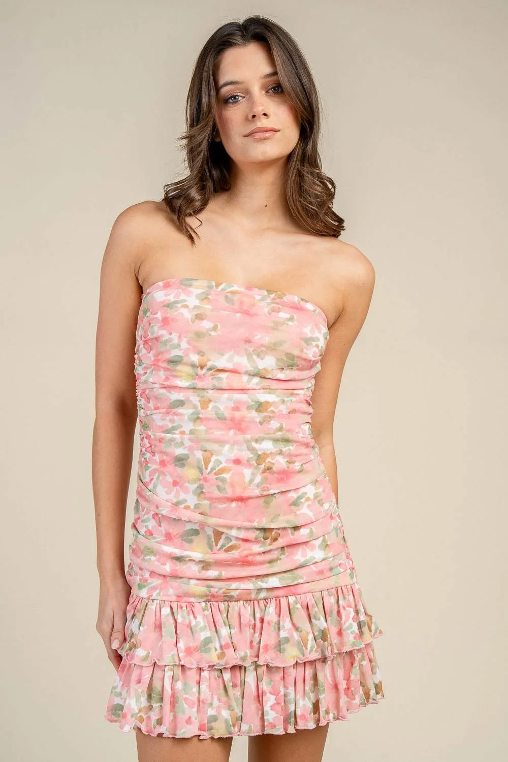 BD13430E / STRAPLESS RUCHED FLORAL RUFFLE HEM MINI DRESS sold by privy product image thumbnail 4