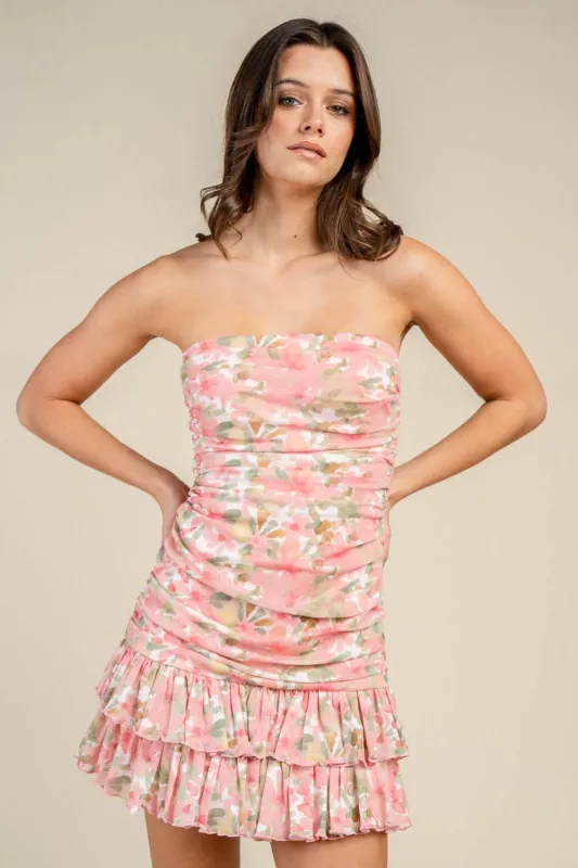 BD13430E / STRAPLESS RUCHED FLORAL RUFFLE HEM MINI DRESS sold by privy
