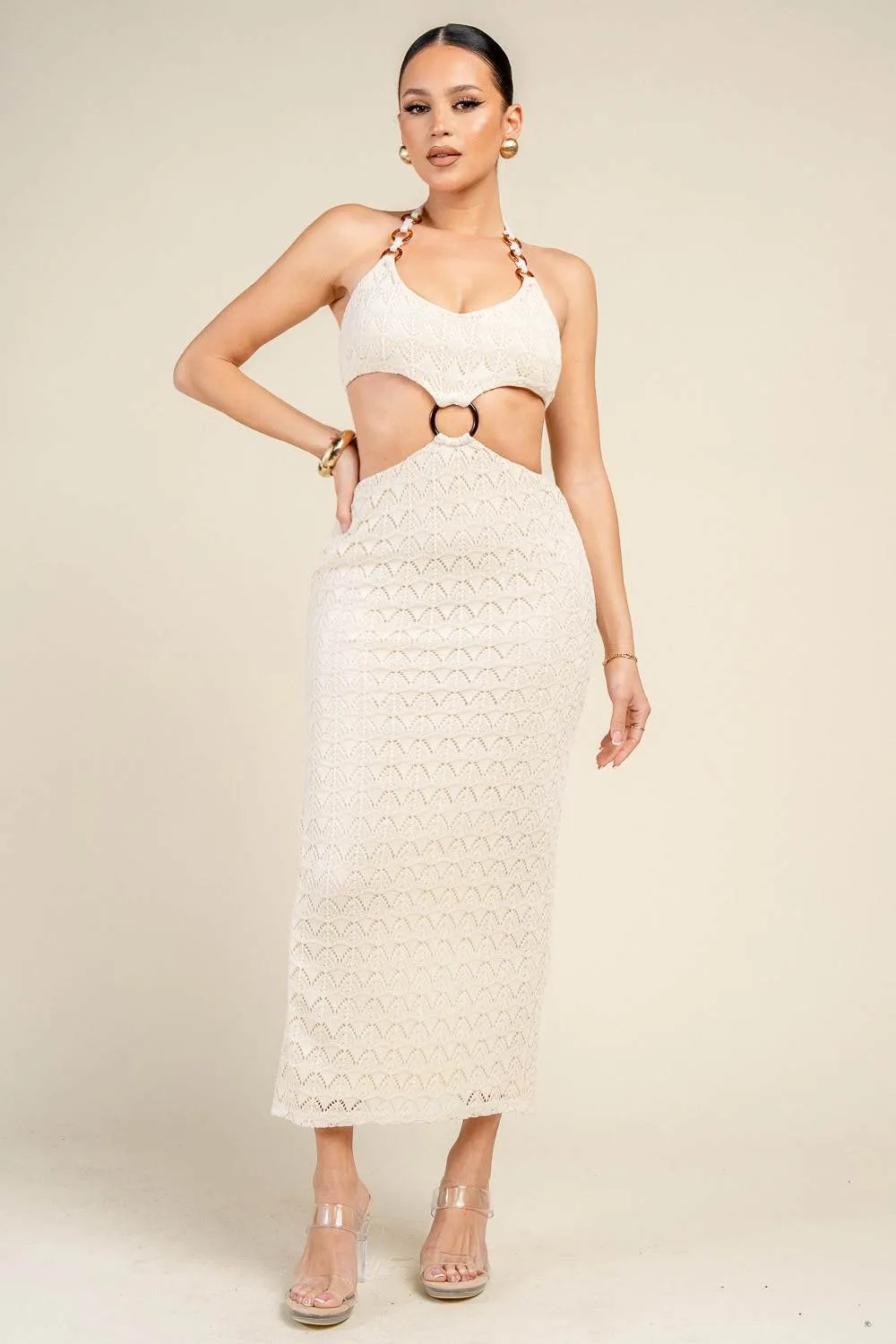 YD30101E / CROCHET HALTER RING DETAIL CUT-OUT MIDI DRESS sold by privy product image thumbnail 4