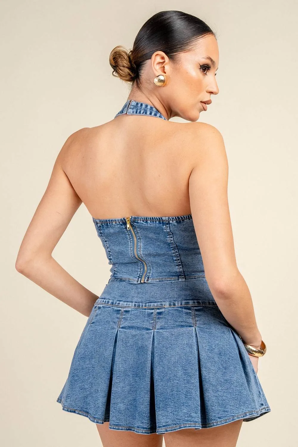 PS9859D / DENIM HALTER BUCKLE DETAIL CROP TOP & PLEATED MINI SKIRT SET sold by privy product image thumbnail 3