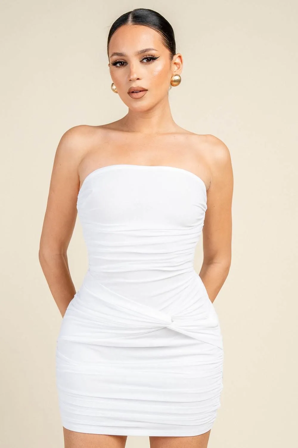 PD79691N / STRAPLESS TWIST FRONT RUCHED MINI DRESS sold by privy