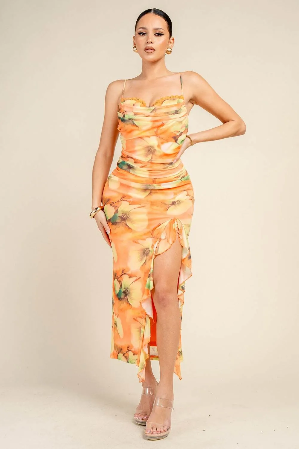 PD79561B / PRINTED MESH COWL NECK RUCHED RUFFLE HEM MIDI DRESS sold by privy product image thumbnail 4