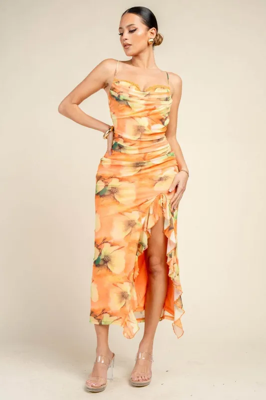 PD79561B / PRINTED MESH COWL NECK RUCHED RUFFLE HEM MIDI DRESS sold by privy