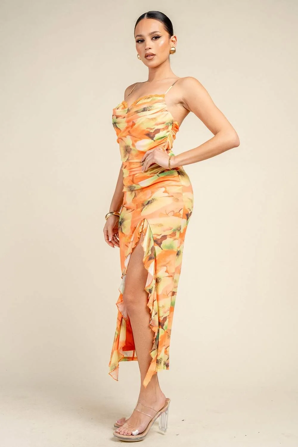 PD79561B / PRINTED MESH COWL NECK RUCHED RUFFLE HEM MIDI DRESS sold by privy product image thumbnail 2