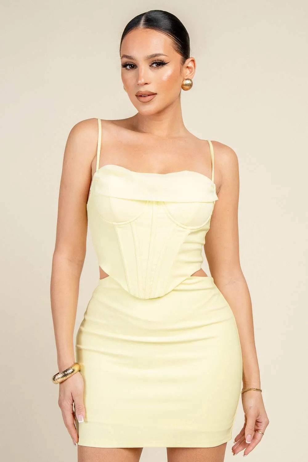 PD79530K / SPAGHETTI STRAP CORSET WAIST CUT-OUT MINI DRESS sold by privy