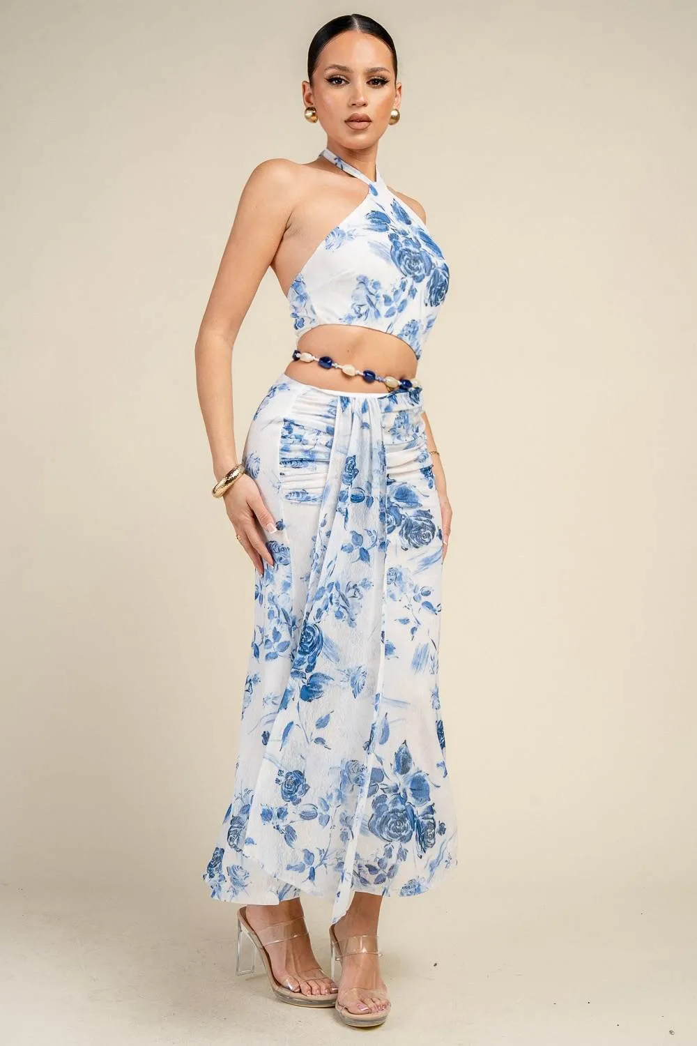 HD30992E / PRINTED MESH HALTER CUT-OUT RUCHED MIDI DRESS sold by privy product image thumbnail 2