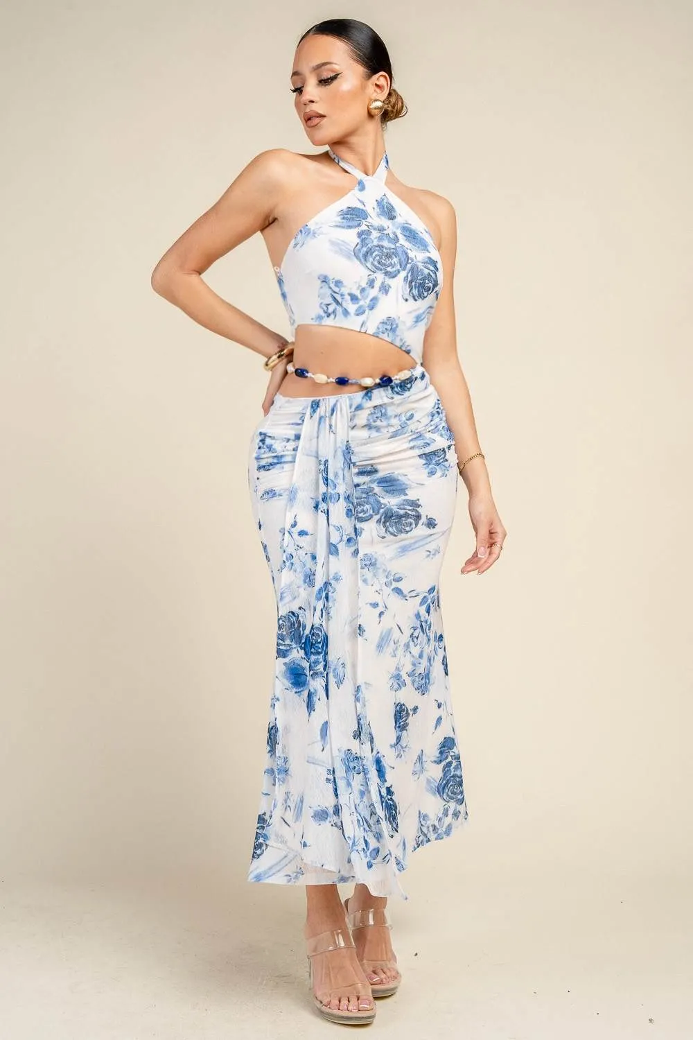 HD30992E / PRINTED MESH HALTER CUT-OUT RUCHED MIDI DRESS sold by privy product image thumbnail 4