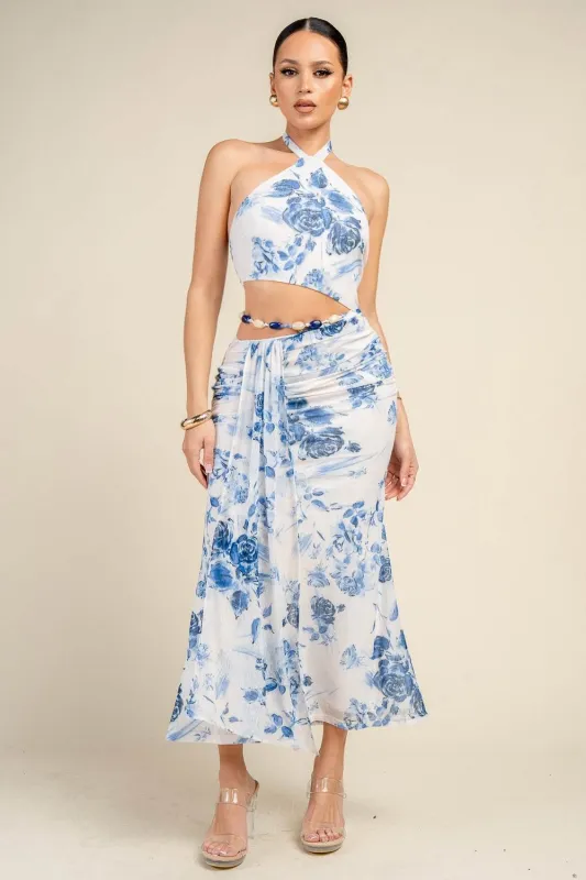 HD30992E / PRINTED MESH HALTER CUT-OUT RUCHED MIDI DRESS sold by privy