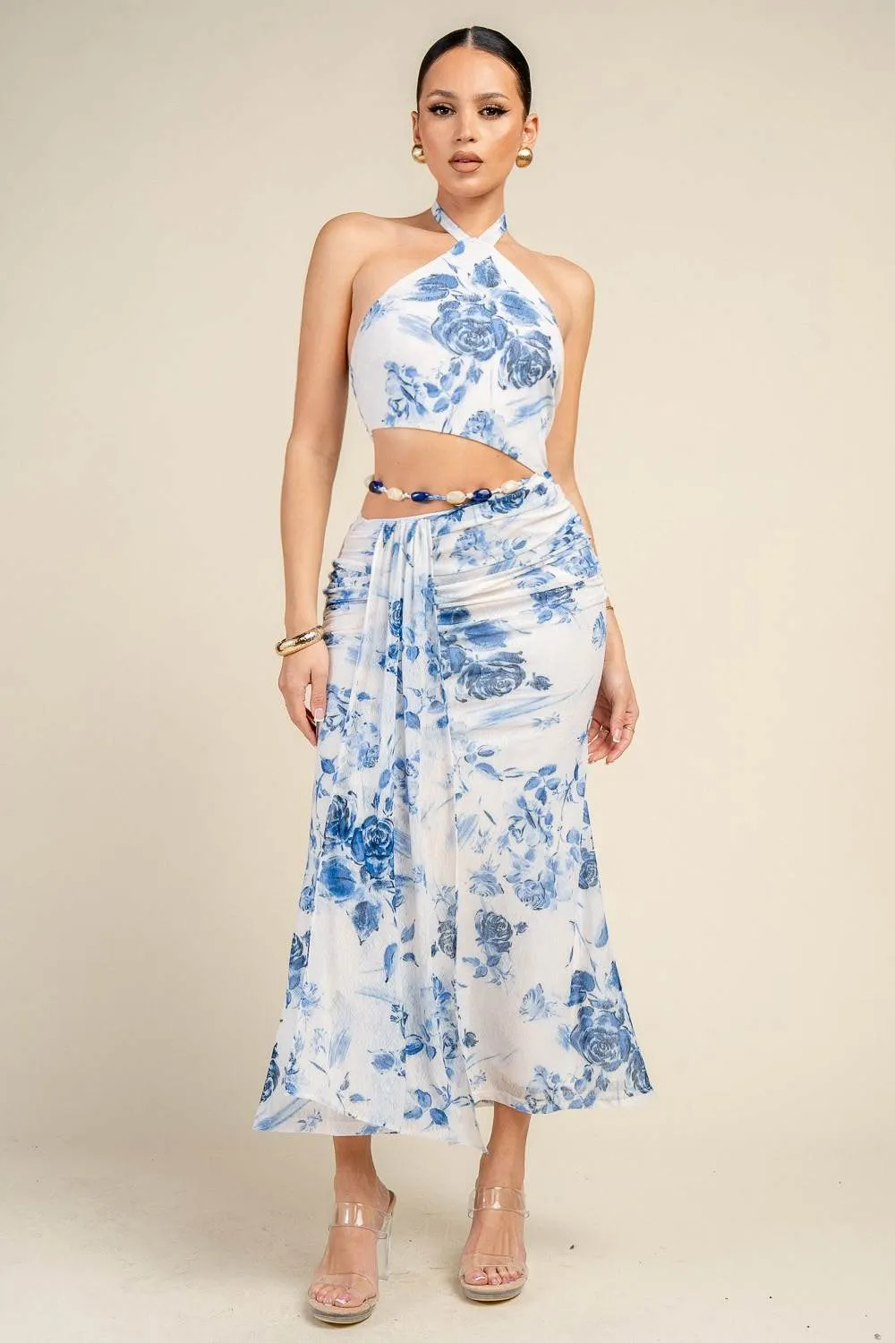 HD30992E / PRINTED MESH HALTER CUT-OUT RUCHED MIDI DRESS sold by privy