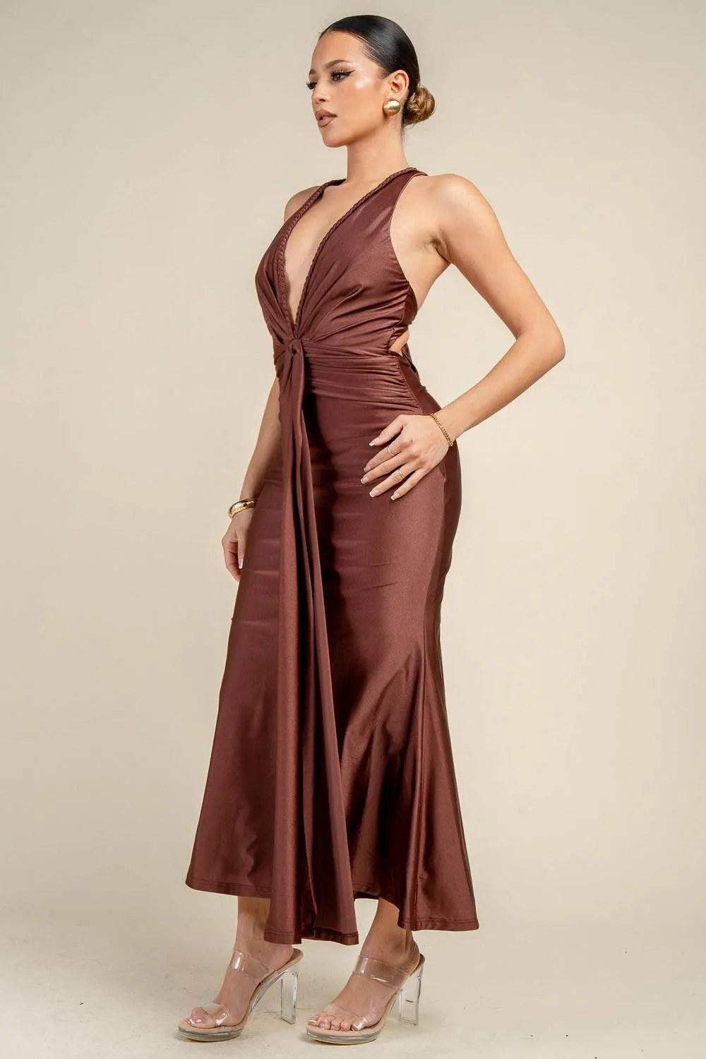 HD30983E / PLUNGING HALTER RUCHED TIE FRONT MAXI DRESS sold by privy product image thumbnail 2