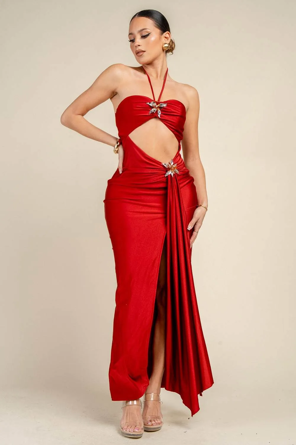 HD30866ED / HALTER RING DETAIL CUT-OUT RUCHED MAXI DRESS sold by privy
