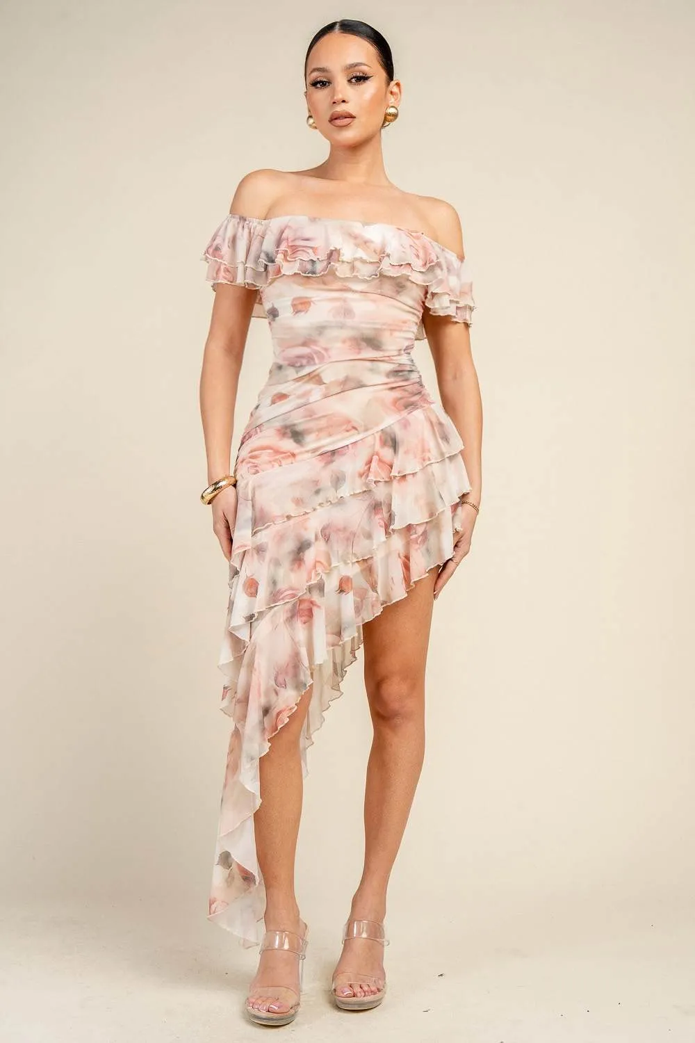 HD30730BST / OFF SHOULDER MINI DRESS WITH SIDE RUFFLE DETAILING sold by privy