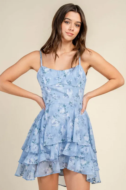 BD13433E / PRINTED MESH STRAP TIERED MINI DRESS made by privy