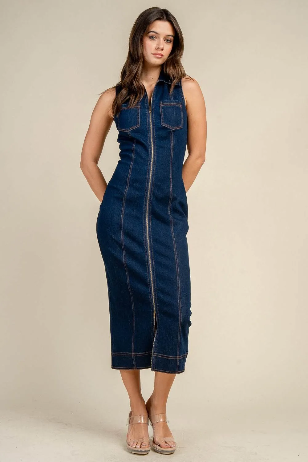 BD13375N / SLEEVELESS ZIP-FRONT DENIM MIDI DRESS WITH CONTRAST STITCH sold by privy product image thumbnail 4