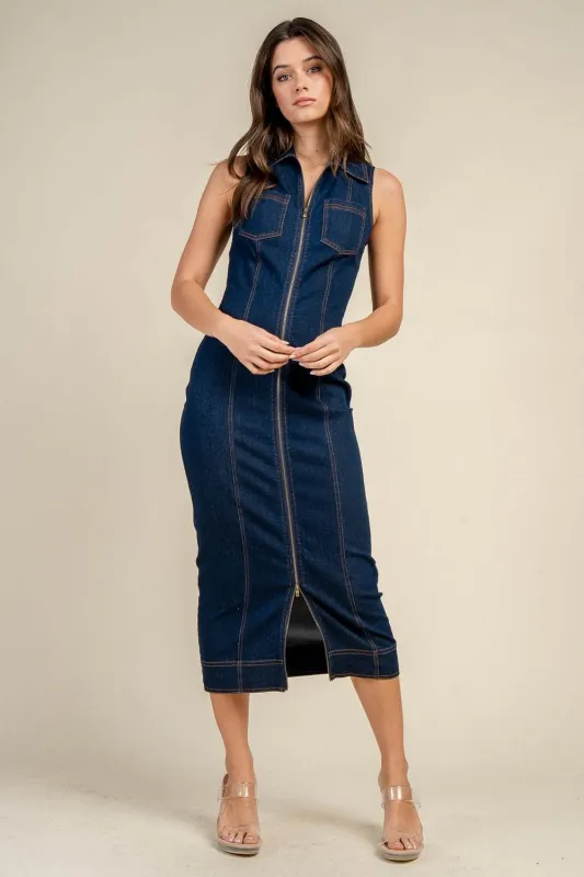 BD13375N / SLEEVELESS ZIP-FRONT DENIM MIDI DRESS WITH CONTRAST STITCH made by privy