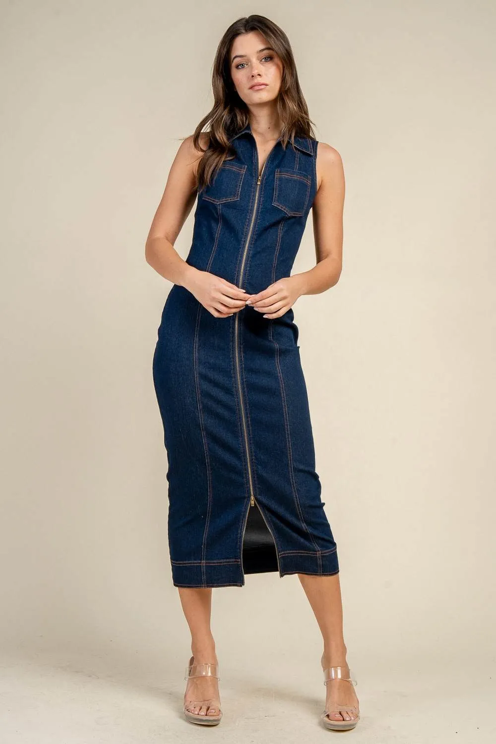 BD13375N / SLEEVELESS ZIP-FRONT DENIM MIDI DRESS WITH CONTRAST STITCH sold by privy